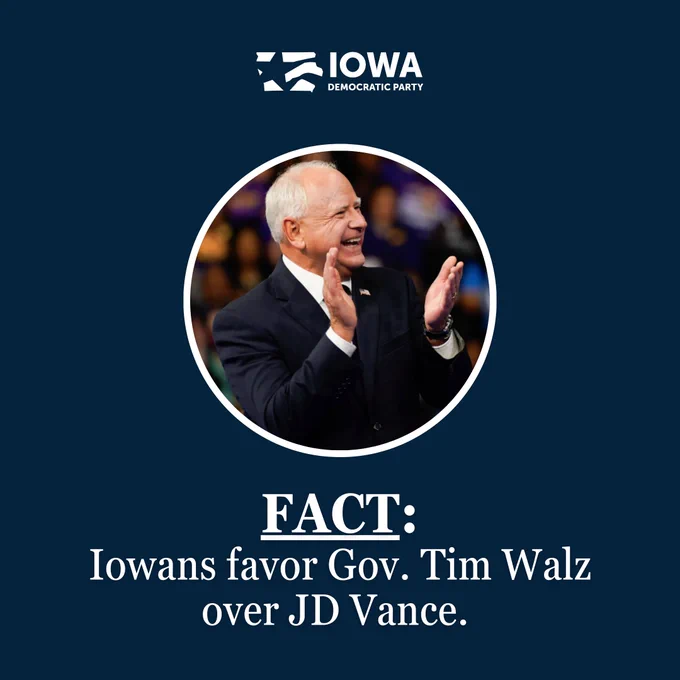 Navy blue background with a circular image of Gov. Tim Walz with a white border at the center. Below, white text reads, "FACT: Iowans favor GOv. Tim Walz over JD Vance.