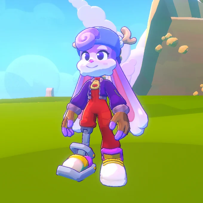 Front view of Olive, a lavender coloured Jackalope. Olive is a unilateral amputee and wears an above-the-knee prosthesis on her right leg. Her clothing includes a red jumpsuit, dark purple pilots jacket, a pair of brown flying gloves, and a light blue backwards cap.