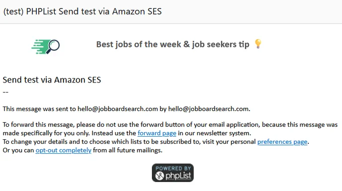 1st email sent with a PHPList campaign via Amazon SES