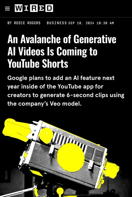 Wired article headline “an avalanche of AI videos is coming to youtube shorts”