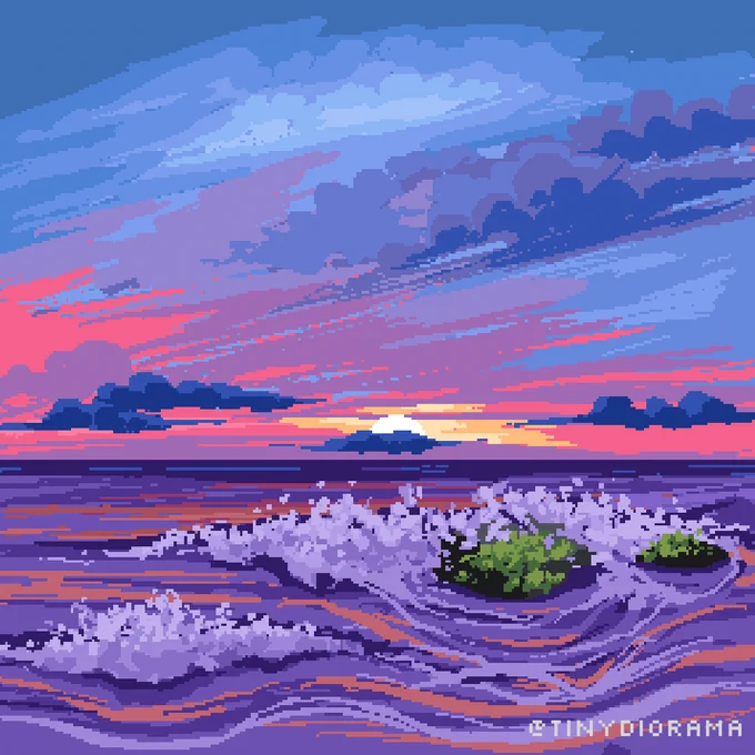 pixel art illustration of waves crashing around mossy rocks