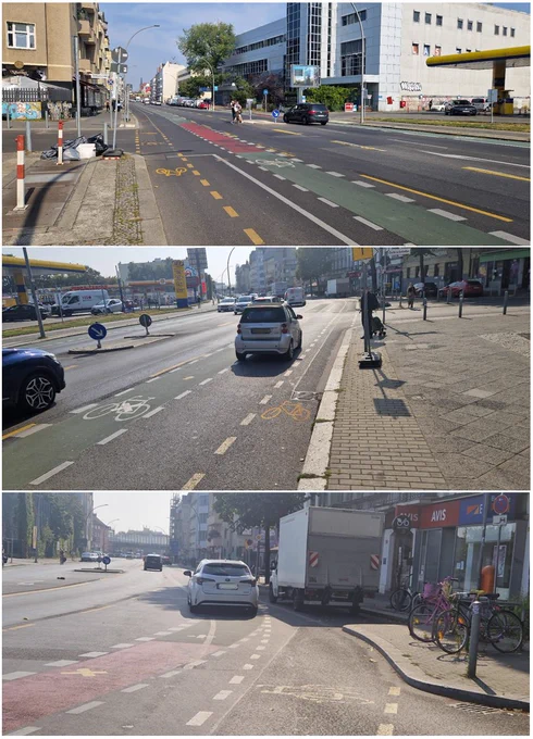 Foto mit temporär (gelb) markierten zusätzlichen Fahrstreifen auf dem Schutzstreifen für den Radverkehr. Der Fahrrad-Schutzstreifen ist jetzt ebenfalls gelb und schmaler am Fahrbahnrand markiert.