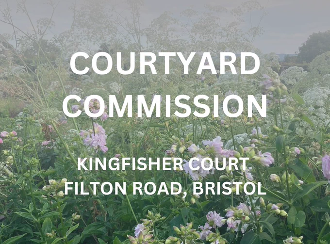 courtyard commission written in white over a photo of a meadow
