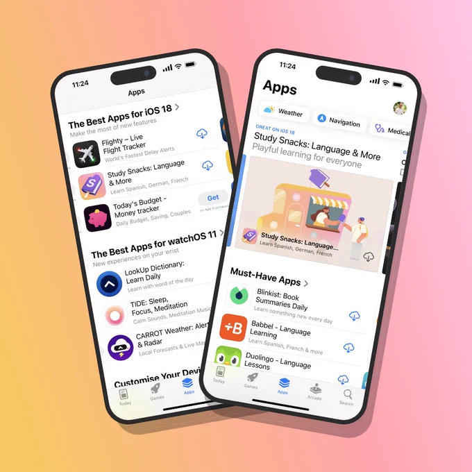 Promo graphic showing two iPhones with screenshots from the App Store. The one on the left shows Study Snacks under "The Best Apps for iOS 18", the one on the right a banner graphic with the title "Great on iOS 18, Study Snacks. Language & More"