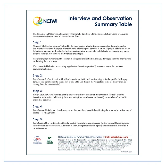 Interview and Observation Summary Table - Blank Form page 1 thumbnail on a white background
