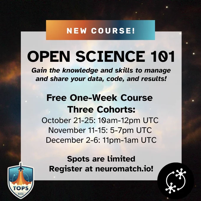 New Open Science 101 course. Gain the knowledge/skills to manage & share your data, code & results! Free 1-week course offered three different times on October 21-25 2024 from 10am to 12pm UTC, November 11-15 2024 from 5pm to 7pm UTC, & December 2-6 2024 11pm to 1am UTC. Register at neuromatch.io! 