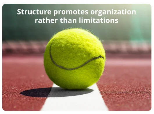 Close-up photo of a tennis ball sitting on the tennis court line, captioned with the text "Structure promotes organization rather than limitations."