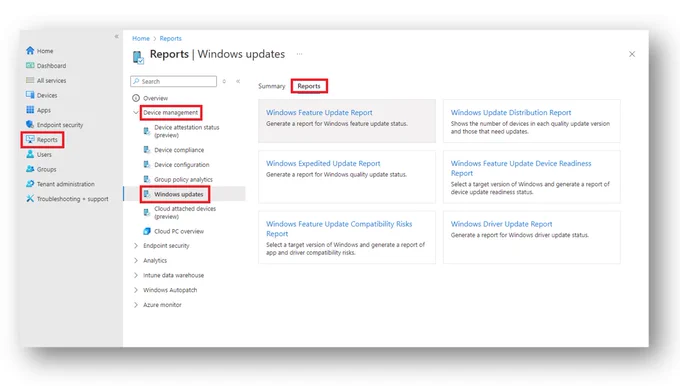 You can access reports on Windows updates in the Microsoft Intune admin center under Reports, Device management, Windows updates.