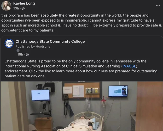 Screen capture of facebook nursing post. this program has been absolutely the greatest opportunity in the world. the people and opportunities i’ve been exposed to is innumerable. i cannot express my gratitude to have a spot in such an incredible school & i have no doubt i’ll be extremely prepared to provide safe & competent care to my patients!