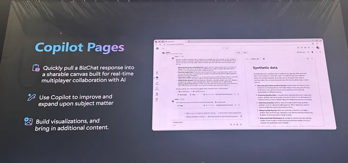 A slide from Jeff Teper keynote from the power platform conference talking about Copilot pages