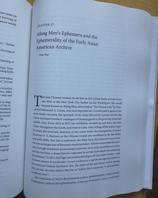 First page of Xine Yao’s chapter “Afong Moy’s Ephemera and the Ephemerality of the Early Asian American Archive.” 

Happy to share a PDF if you tweet at me or email me!