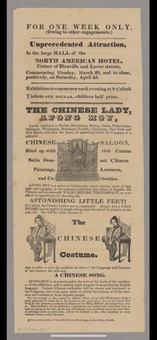 A 19th century broadside advertising THE CHINESE LADY AFONG MOY with many Chinese curiosities for sale and Chinese costume and Chinese song