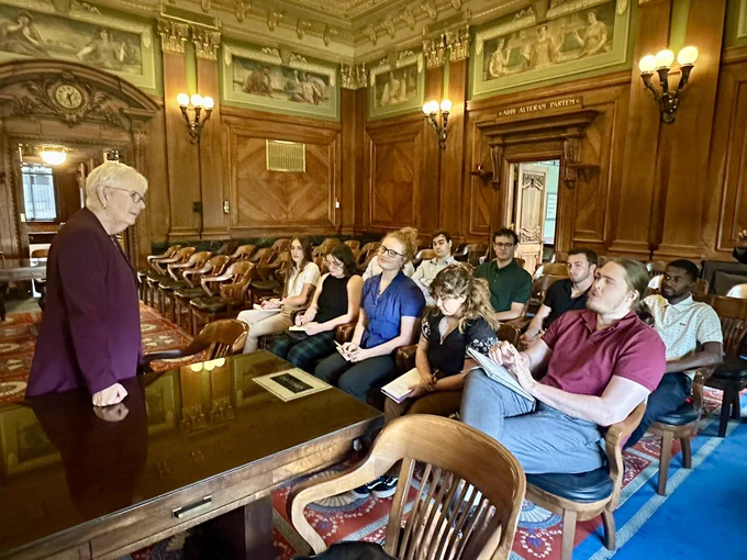 Illinois Supreme Court Chief Justice Mary Jane Theis and PAR students.