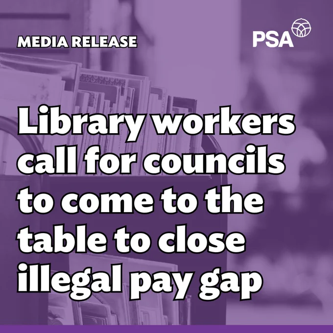 The image is a purple-tinted photo of a library trolley filled with books. “MEDIA RELEASE” is in the top left-hand corner in white. Beneath is the headline “Library workers call for councils to come to the table to close illegal pay gap” in large white text. A white PSA logo is in the top right.