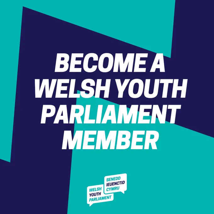 Promotional graphic for becoming a member of the Welsh Youth Parliament, featuring bold text on a blue and purple background with the Welsh Youth Parliament logo at the bottom.