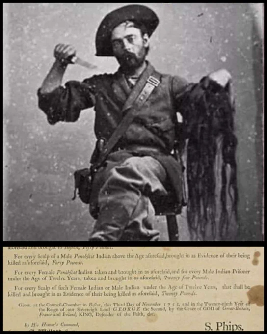 At bottom is a clip of the historical Spencer Phips proclamation placing bounties on Native scalps. The bounty for the scalps of Native children under the age of 12 was 20£. 

Above is a white man dressed in old western clothing. In his right hand he brandishes a knife. In the left a Native scalp. 