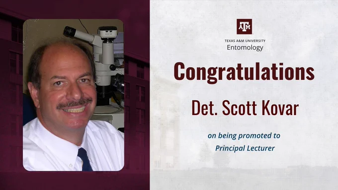 A graphic with a photo of Detective Scott Kovar and the promotion of Principal Lecturer.