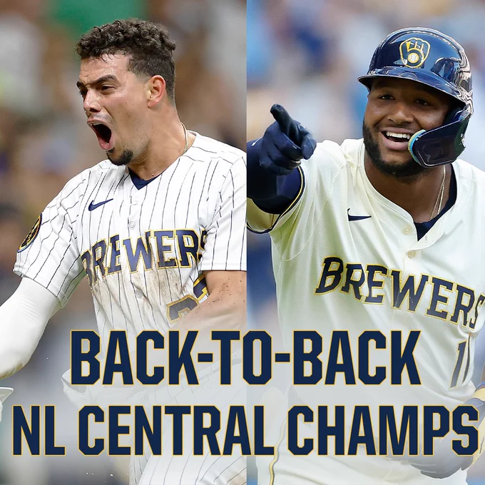 Pictured on the left: Willy Adames celebrates after scoring in a home white Brewers uniform with navy blue and yellow lettering. This photo is from 2023.
Pictured on the right: Jackson Chourio points to the dugout after hitting a home run. He wears a cream colored Brewers uniform with navy blue and yellow lettering. This photo is from 2024.