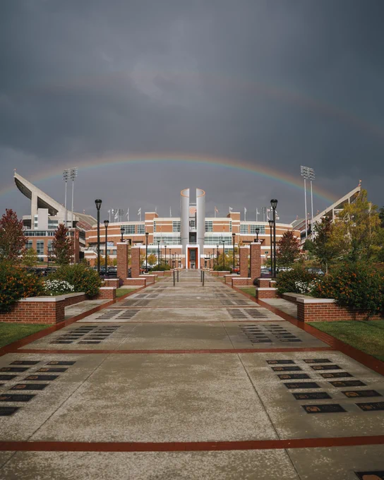 Two rainbows over Clemson's Memorial Stadium.