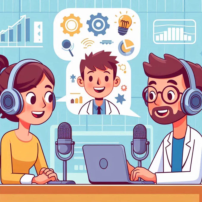 Podcast thumbnail with two cartoon hosts talking to each other recording audio to a computer. Made with MS Copilot. 