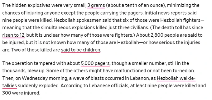 The hidden explosives were very small, 3 grams (about a tenth of an ounce), minimizing the chances of injuring anyone except the people carrying the pagers. Initial news reports said nine people were killed. Hezbollah spokesmen said that six of those were Hezbollah fighters—meaning that the simultaneous explosions killed just three civilians. (The death toll has since risen to 12, but it is unclear how many of those were fighters.) About 2,800 people are said to be injured, but it is not known how many of those are Hezbollah—or how serious the injuries are. Two of those killed are said to be children.

The operation tampered with about 5,000 pagers, though a smaller number, still in the thousands, blew up. Some of the others might have malfunctioned or not been turned on. Then, on Wednesday morning, a wave of blasts occurred in Lebanon, as Hezbollah walkie-talkies suddenly exploded. According to Lebanese officials, at least nine people were killed and 300 were injured.