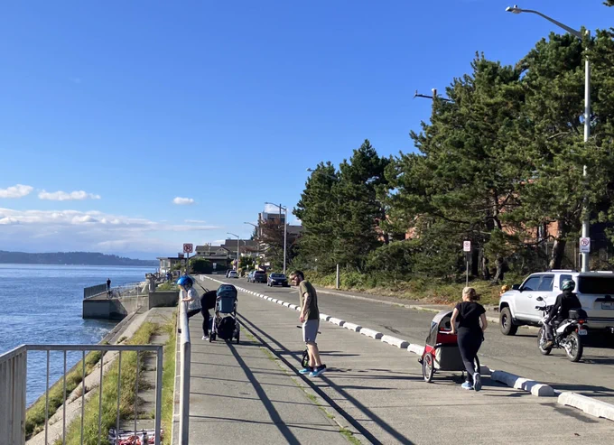 Kids, parents, person with disabilities in running cart, motorcycle, parked cars, world still standing