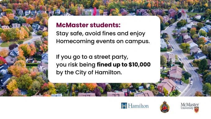 An aerial photo of a residential neighbourhood with text over top that reads, ‘McMaster students: Stay safe, avoid fines and enjoy Homecoming events on campus. If you go to a street party, you risk being fined up to $10,000 by the City of Hamilton. 