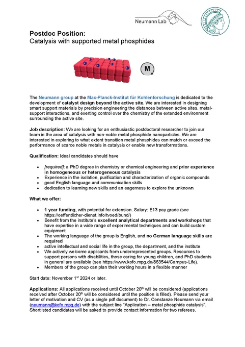 The images describes a position for a postdoctoral researcher in the field of transition metal catalysis. More information can also be found on the website of the Max-Planck-Institut für Kohlenforschung.