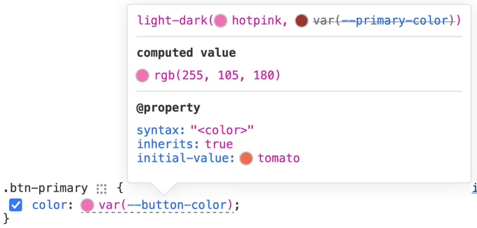 Firefox DevTools Inspector rules view, showing a variable tooltip whose declaration value is `light-dark(hotpink, var(--primary-color))`. A computed value section has the following text in it `rgb(255, 105, 180)`. Below it is a `@property` section, describing the variable registered property information.