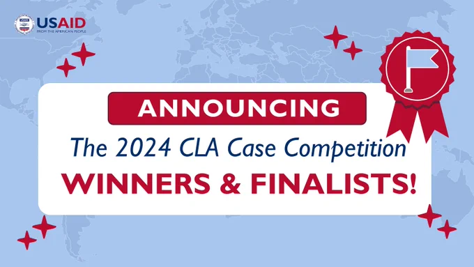 Graphic: USAID. Announcing  the 2024 CLA Case Competition. Winners and Finalists. 