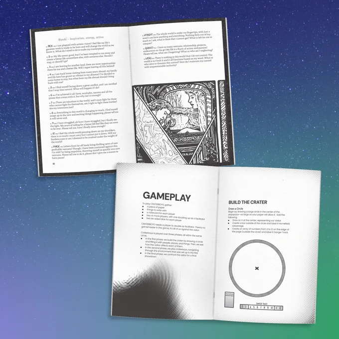 The interior spreads of two zines. the tops shows a list of question associated with the Wands suit from the tarot and the bottom shows gameplay instructions on how to build and alien landing crater.