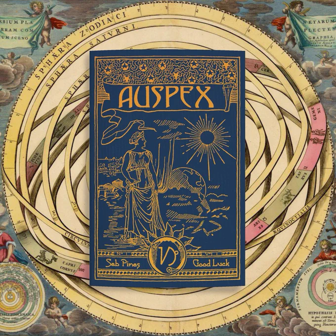 The cover of a zine that is titled Auspex and shows an black and gold etching style illustration of a ancient greek woman pulling back a curtain revealing the cosmos. It is one a background which is an old illustration of the cosmic movements as a gyroscope.