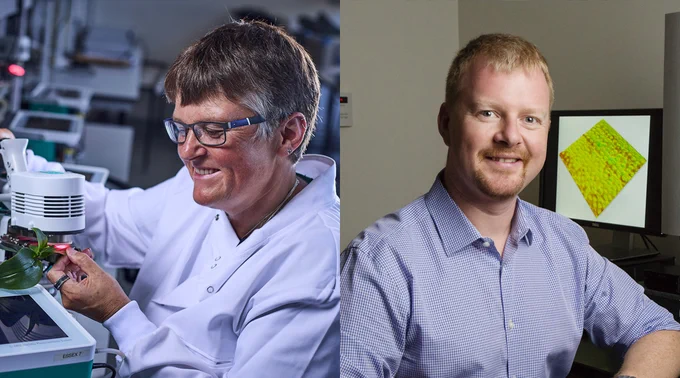 Two pictures side-by-side. The left picture is of Tracy Lawson in a lab coat taking a measurement. The right picture is Andrew Leakey smiling in an office.