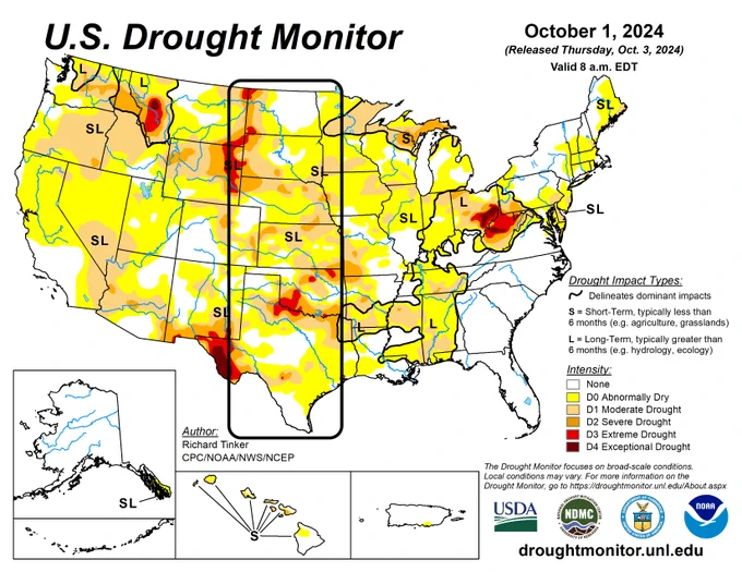 The October 1, 2024 U.S. Drought Monitor highlights the Plains. Every state has areas of dryness and drought. Some states have large areas also free of dryness and drought, including North Dakota and Texas.