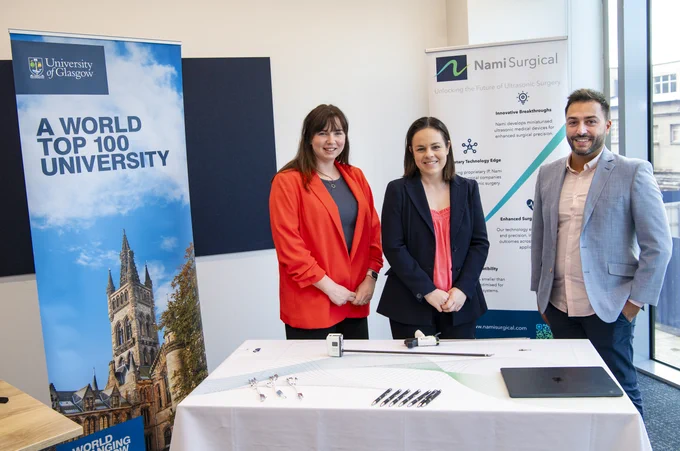 From left: Dr Rebecca Cleary, CTO of Nami Surgical; Kate Forbes MSP, Deputy First Minister of Scotland; Nico Fenu, CEO of Nami Surgical. They are pictured with some of Nami Surgical's technology.