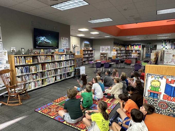 Cindy Holguin, the librarian at Frontier Valley Elementary, is introducing the OBOD book Whale Fall to her students, by showing them a video of a whale fall and preparing them for the virtual author visit in November.