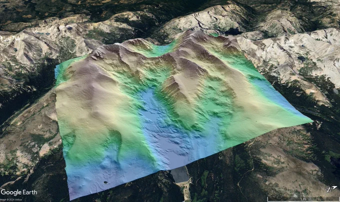 Hillshade colored by elevation of Niwot Ridge overlain on Google Earth imagery.