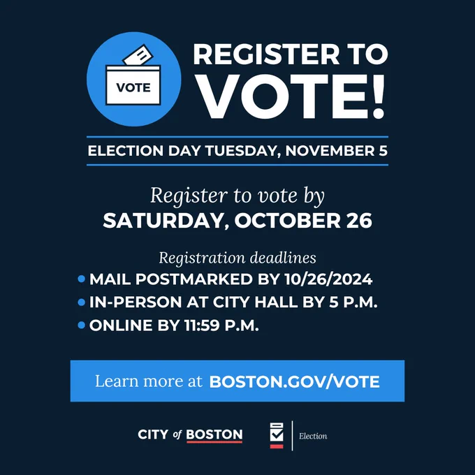 dark blue graphic with text: register to vote for Election Day! Deadline is Saturday, October 26
