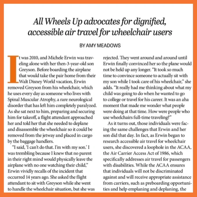 Image of Fight or Flight Article with the headline “All Wheels up Advocates for dignified, accessible air travel for wheelchair users” surrounded by an orange border.
