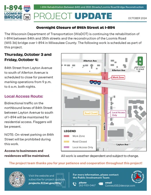 Project update document detailing overnight closures of 84th Street under I-894 in Greenfield