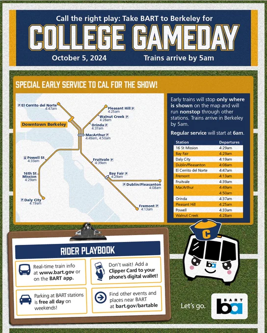 COLLEGE GAMEDAY rider guide showing a map of special early service