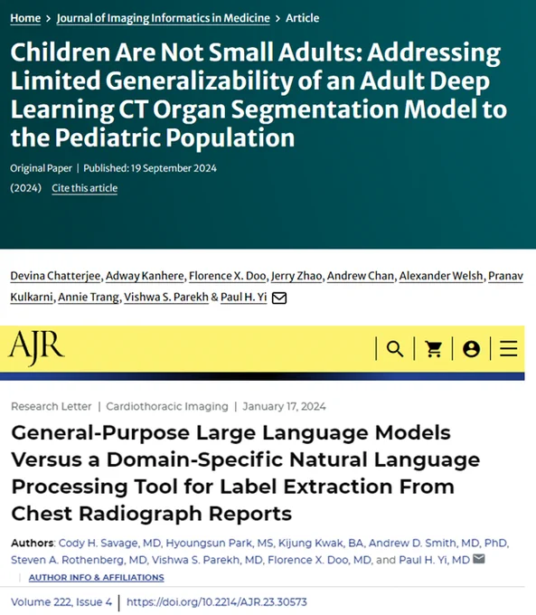 Link to article: 
1) https://pubmed.ncbi.nlm.nih.gov/39299957/
2) https://www.ajronline.org/doi/10.2214/AJR.23.30573

Images are a screenshot of the title and authors of both papers.