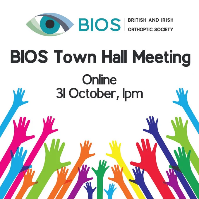 "BIOS Town Hall Meeting. Online. 31 October, 1pm." Image includes multi-coloured raised arms and BIOS logo.