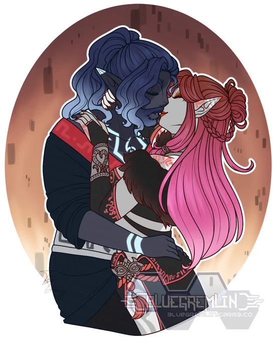 Picture shows a male and female twili, wrapped in one another's arms and indulging in a soft near-kiss. They look happy together <33