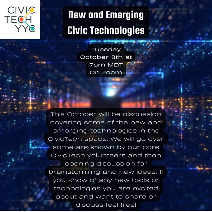 Promo image with the CivicTech Logo in the top left, the event title "New and Emerging Technologies" With the event time and description below it. The background is a square tube of sparkling lights.  