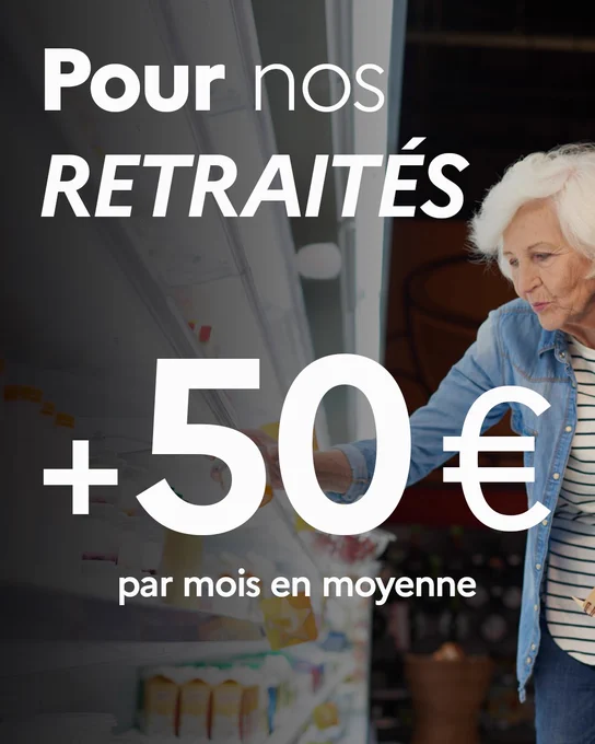 Visuel sur lequel est écrit « Pour nos retraités :   50€ par mois en moyenne. »