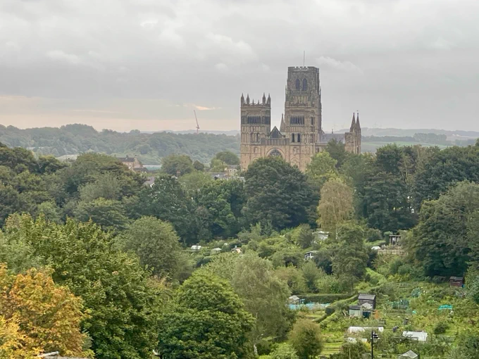 view onto Durham cathedral from a hillside