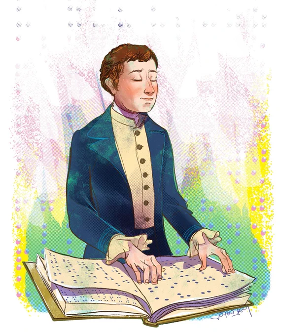 A stylized illustration of teenage Louis Braille standing with his eyes closed, dressed in a peacoat and reading a Braille book. The background contains layered textures in yellow, pink, and green, and a pattern that resembles braille cells.