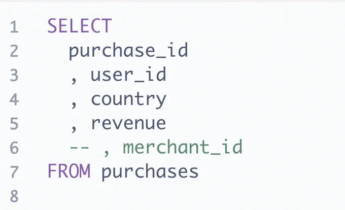 SELECT
  purchase_id
  , user_id
  , country
  , revenue
  -- , merchant_id
FROM purchases