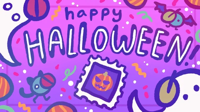 Promotional banner that says "Happy Halloween!" on it. The graphic is largely violet in hue and features ghost, cat, and bat versions of Tea and Coffee Minions. The middle of the image features a stamp that has a jack-o-lantern on it.